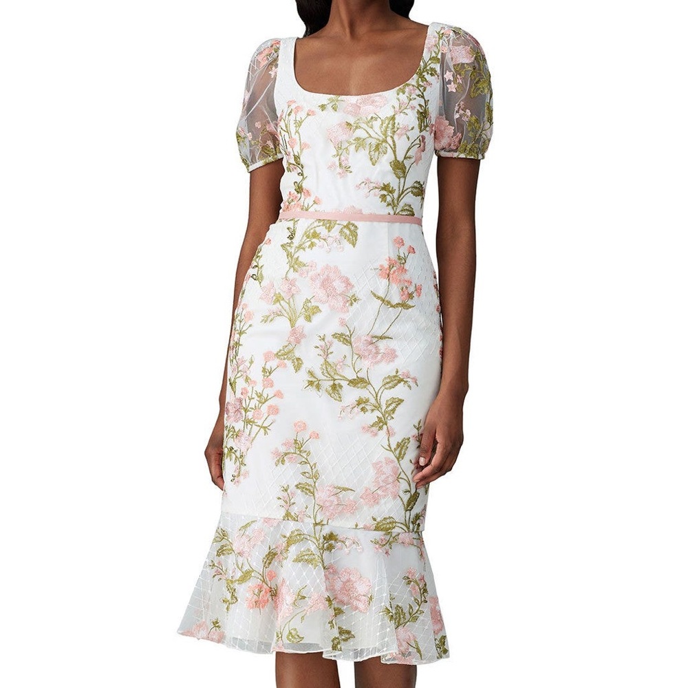 Marchesa Notte floral embroidered puff sleeve dress size 14